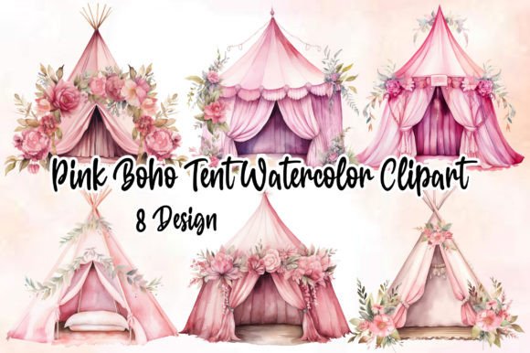 Download Pink Boho Tent Watercolor Clipart - Premium Bundle