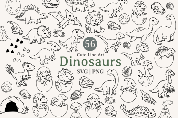 Download Cute Dinosaur Line Art Clipart Bundle - Line art clipart Collection