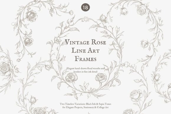 Download Intage Rose Line Art Clipart Set - Line art clipart Collection