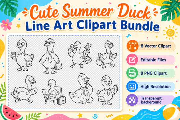 Download Cute Summer Duck Line Art Clipart Bundle - Line art clipart Collection